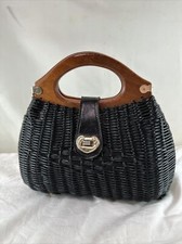 Unique Vintage Blue Wicker Handbag W/ Wooden Handle British Hong Kong