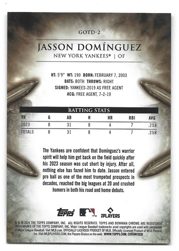 Jasson Dominguez 2024 Bowman #GOTD2 Gladiators Of The Diamond Gold Yankees/50 RC - Picture 2 of 2