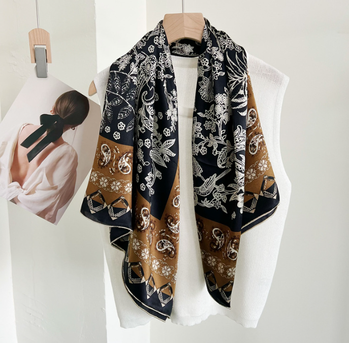 100% Silk Mulberry Square Scarf Grey Floral Print 110x110cm Wrap Shawl