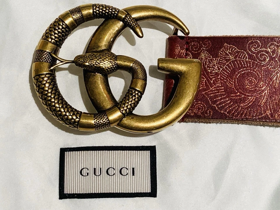 AUTH GUCCI NEW W/OUT TAGS SNAKE/DOUBLE G BUCKEL EMBOSSED BELT BURGUNDY US 34!! - Image 3 of 4