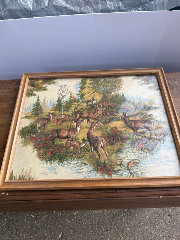 Large Vintage Deer Family 3D Puff Quilted Fabric Wall Art Framed Cabin