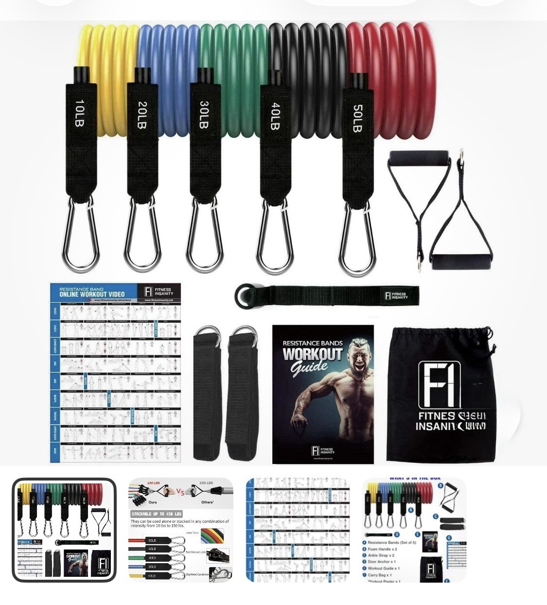 NEW! -Fitness Insanity Unbreakable Resistance Bands Set - 5-Piece Exercise Bands