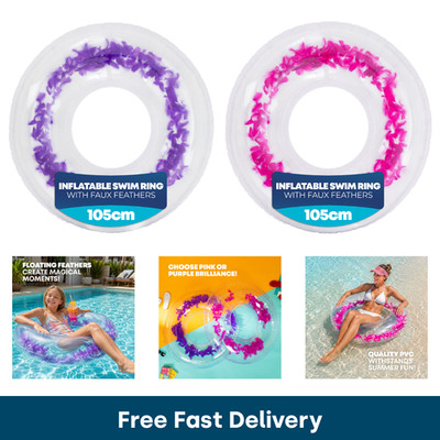 Schwimmring Splash rosa lila transparent mit Federn gefüllt 105 cm Pool Float Erwachsene