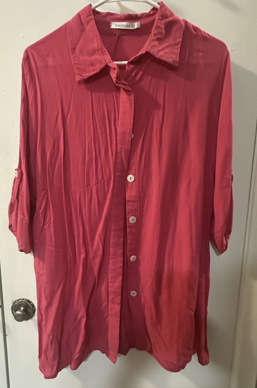 Exclusive Pink Solid Button-Up Collared 3/4 Sleeve Top Women's L Regular