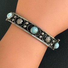 Vintage Silver tone Flower Glass Italian Wide Hinged Bracelet Bangle