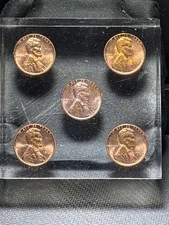 Vintage Acrylic Paperweight with 5 Lincoln Cents (1961 & 1962) Encased