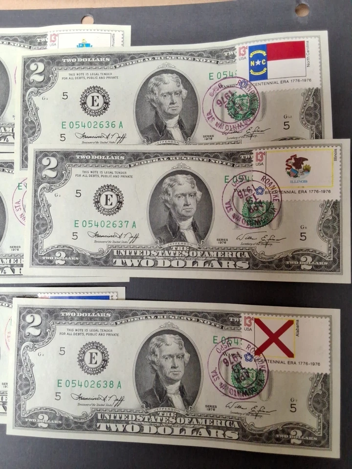 6 Consecutive Unc 1976 2 Dollar Notes Downtown Roanoke Va. Bicentennial Stamped  - Image 2 of 3