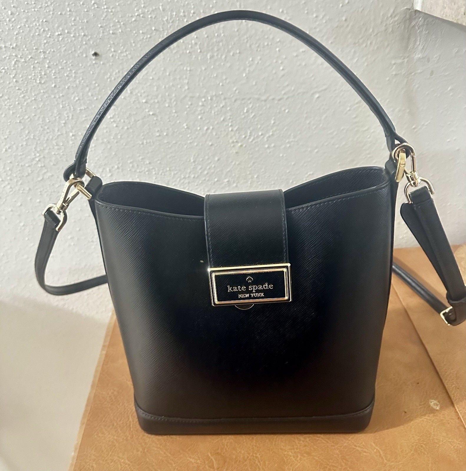Kate Spade New York Black Small Bucket Crossbody, Detachable Strap, Gold Logo