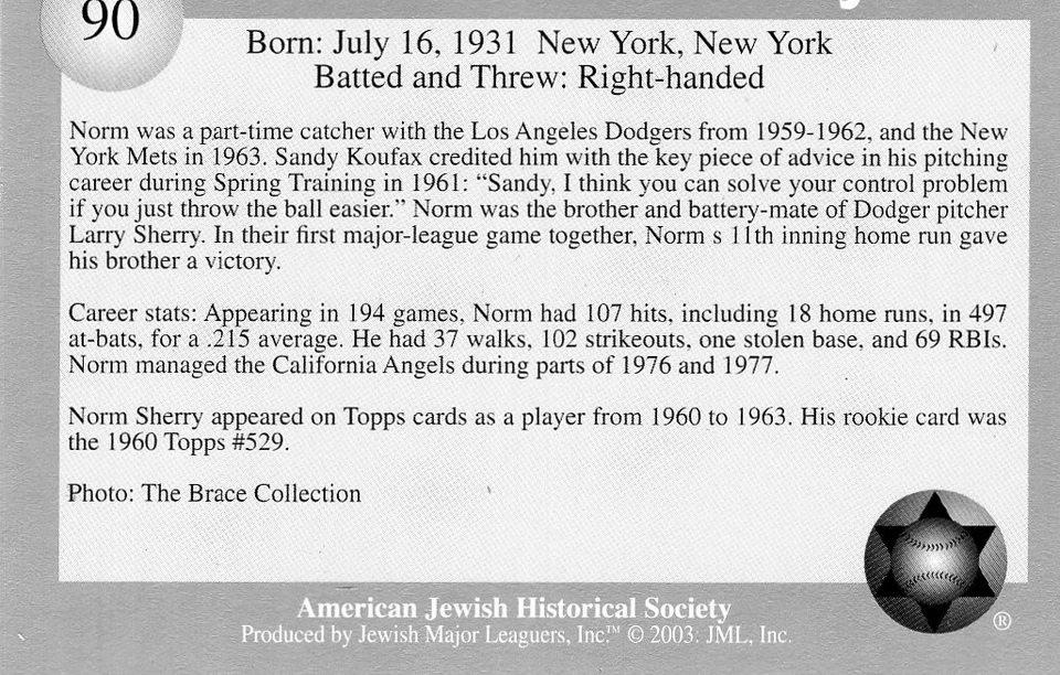 NORM SHERRY Jewish Major Leaguers 2003 Baseball Card #90 Nr-Mint SHIPS FREE! - Image 2 of 4