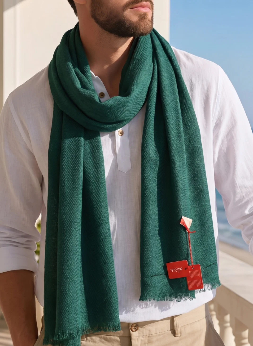 NWT Altea Green Solid Herringbone Merino Wool Men's Scarf Italy 27.5"X67"
