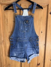 M&S Girls Dungaree Shorts Blue Denim size 11-12yrs Distressed Look VGC