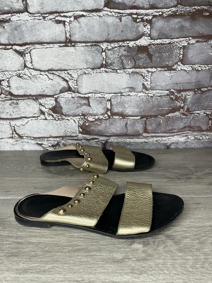 Lanvin Gold Leather Straps Flats Slides Studded Sandals Women’s Sz 39EU/8.5M US - Image 3 of 4
