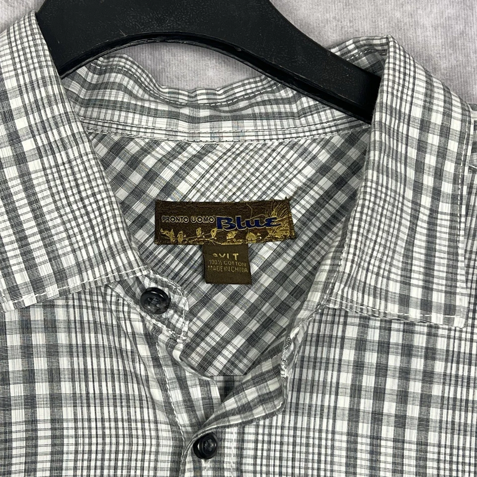 Pronto Uomo "BLUE" Shirt Men’s Size 3XLT Button Up 100% Cotton Gray Plaid - Image 2 of 4