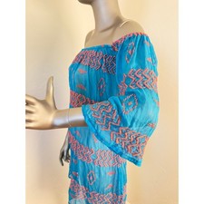 Sky Blue Silk Off the Shoulder Mini Dress Embroidered Tribal Lined M