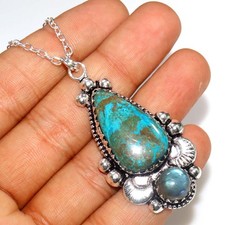 Exclusive Chrysocolla Fiery Labradorite 925 Silver Plated Necklace 17