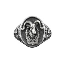 Bague chevalière tête de bélier en argent sterling ovale bélier zodiaque anim...