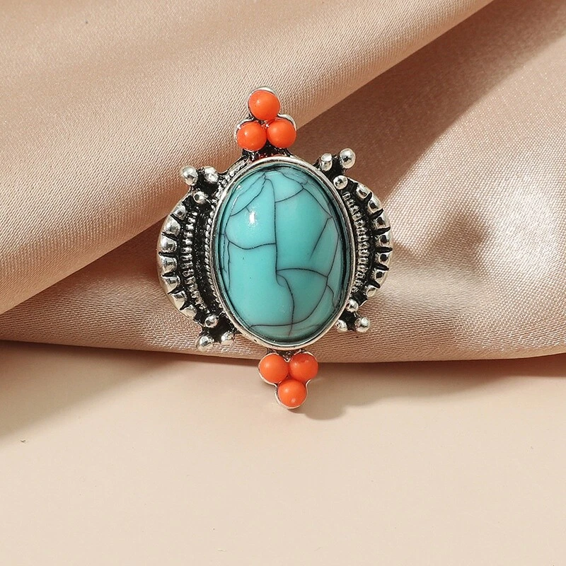 Hermoso Anillo Tribal Grande Retro Turquesa y Coral - Talla 8 Foto 2 de 4