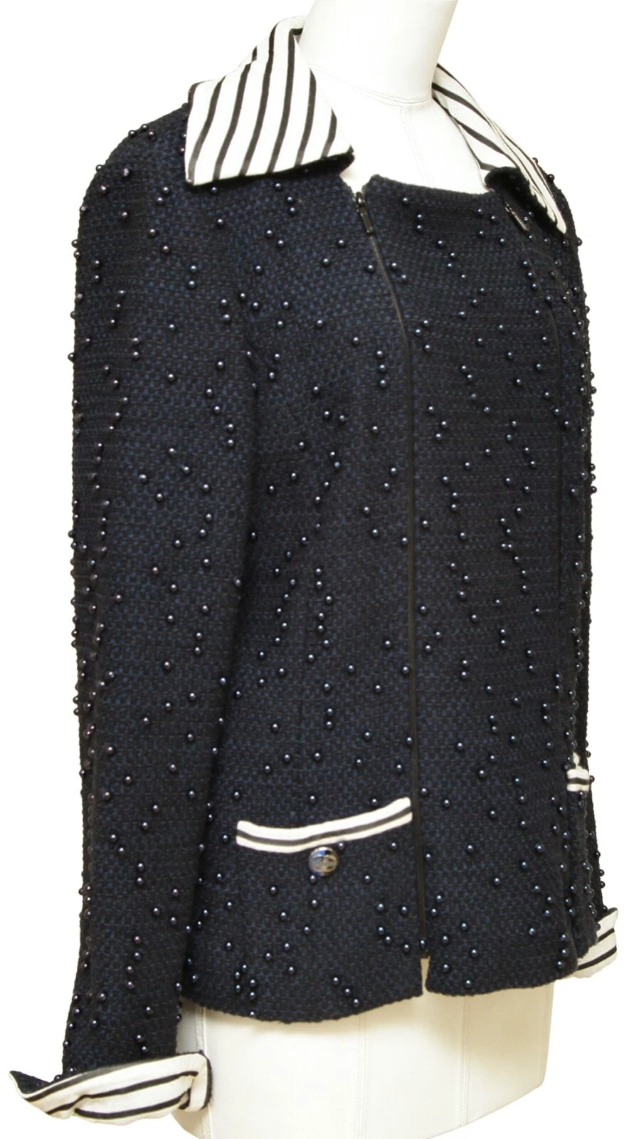CHANEL Blazer Giacca Cappotto Tweed Blu Navy Perline Bottoni Cerniera 2017 Tg 40
