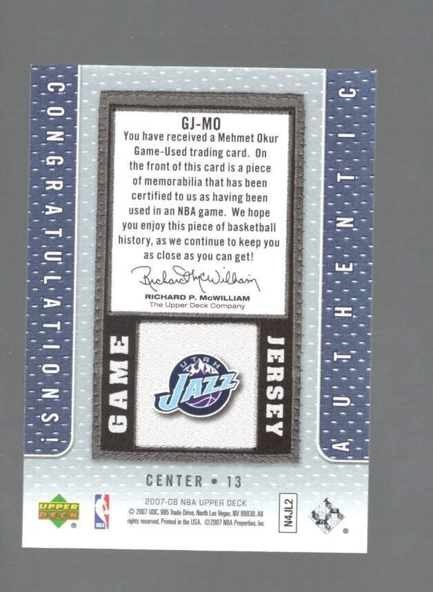 2007-08 UPPER DECK MEHMET OKUR GAME-USED JERSEY UTAH JAZZ - Image 2 of 2