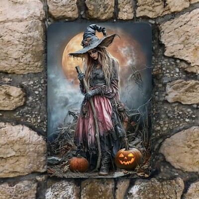 Halloween Witch Metal Sign 8x12 Full Moon Scene Pumpkins Gothic Wall Decor Sign