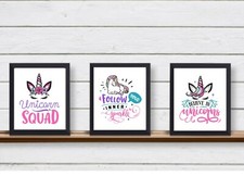 Set of 3 Magical UNICORN SQUAD Girl's Unframed Wall Art Prints Bedroom Nursery