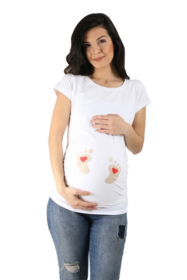 Umstandsmode T-Shirt Motiv Schwangerschaft Geschenk Fußabdrücke witzig Kurzarm  - Bild 2 von 4