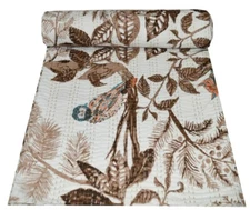 Handmade Tree Kantha Embroidery Queen/Double Blanket Throw Indian Bedspread