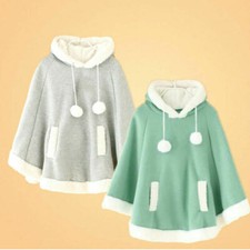Women Hoodie Cape Thick Poncho Fleece Lined Wrap Bat Sleeve Coat Cute Warm Chic