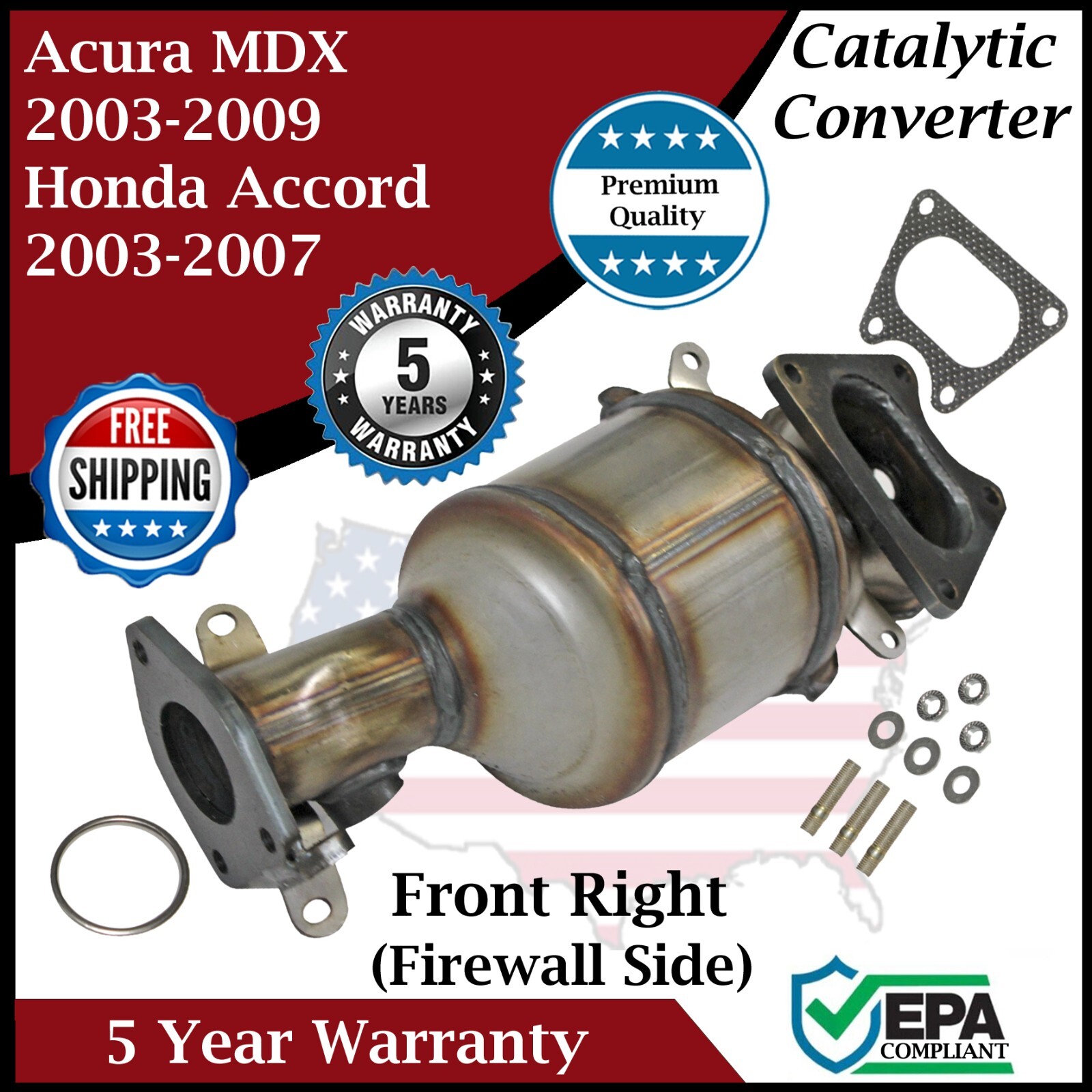 Front Right Catalytic Converter For 2003-2009 Acura MDX Honda Accord 5 year Warr