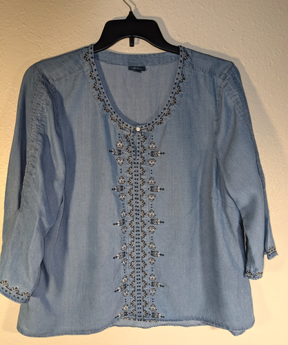 J Jill Denim Embroidered Top Shirt Denim Women’s Size XL Petitie Flared Sleeve - Picture 2 of 11