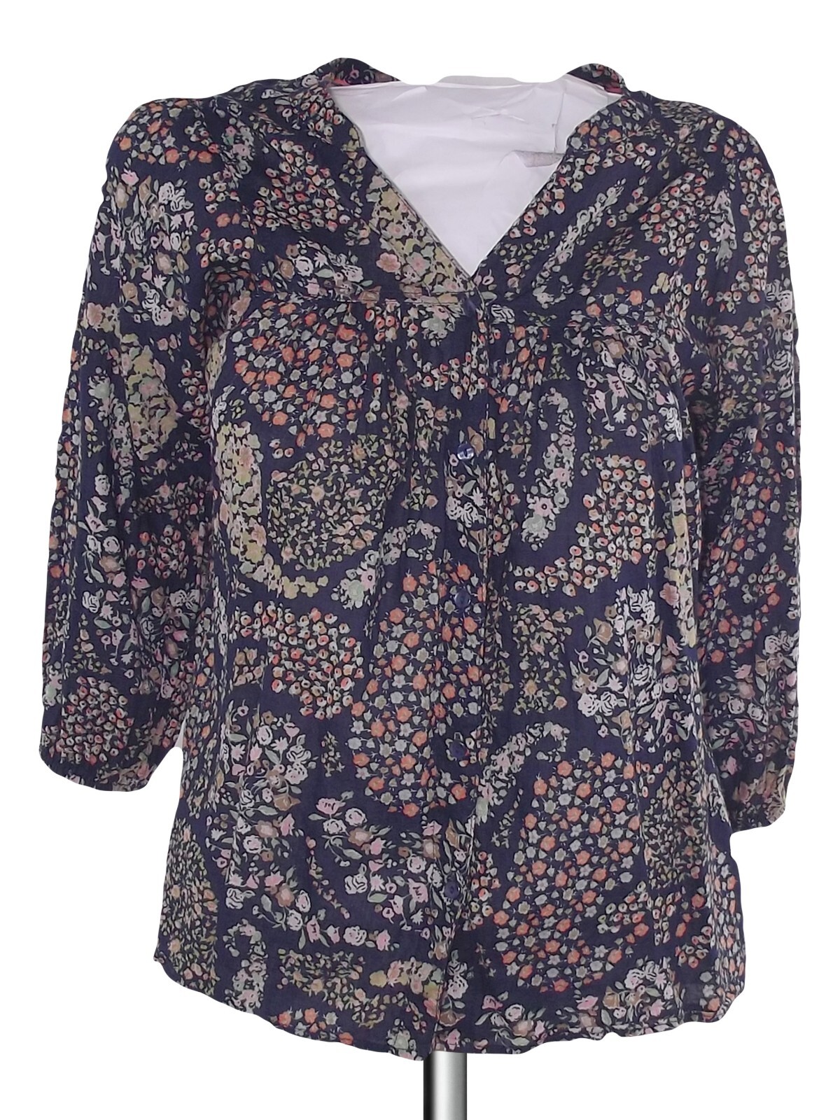 H&M Blusa Da Donna Blu Taglia S In Cotone Floreale Manica 3/4 Con Bottoni Estiva