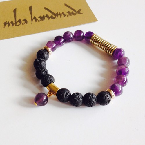 WOMEN'S GENUINE AMETHYST BLACK LAVA ROCK BEADED BRACELET NATURAL GEMSTONE BRASS - Picture 2 of 3
