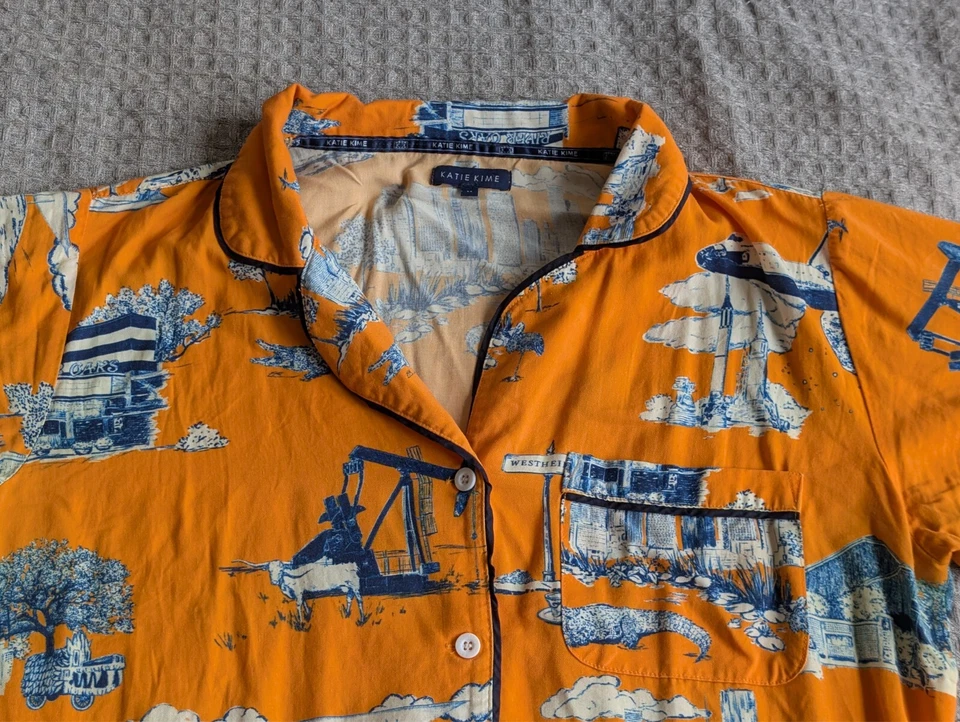 Katie Kime Top Women Medium Orange Houston Toile Pajama Shirt Button Up Cotton - Image 2 of 4