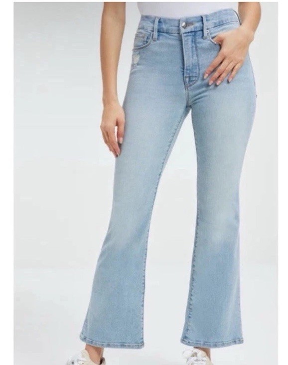 Good American Good Legs Crop Mini Boot cut Jeans 16 33 stretch light wash ankle