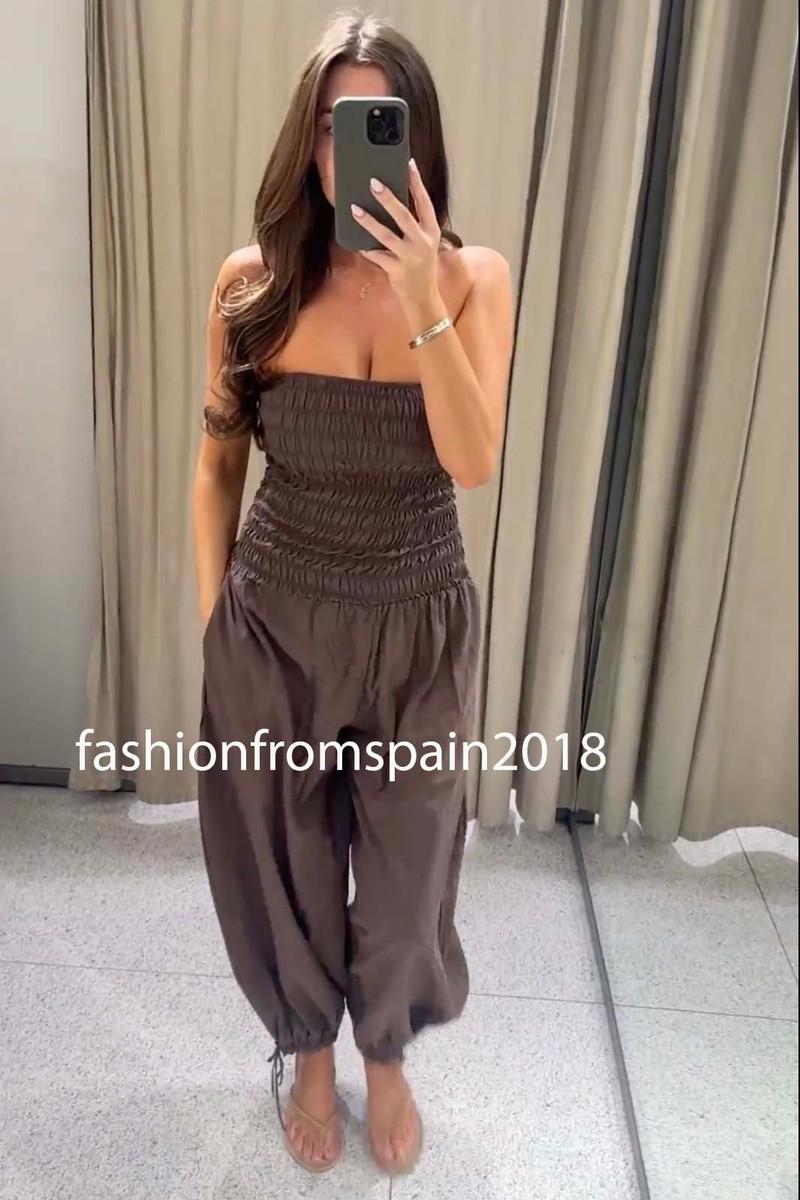ZARA NEW WOMAN OFFSHOULDER RUSTIC RUFFLED JUMPSUIT DARK MINK XS