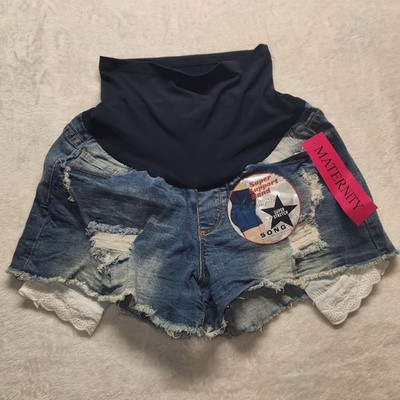 Song Maternity Lace Distressed Denim Shorts Blue, Women's Size XL