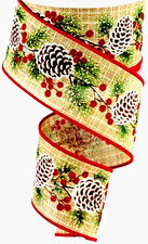 Snow Capped Pinecones 2.5" by 2 yds Natural Wired Ribbon Winter Berry Christmas