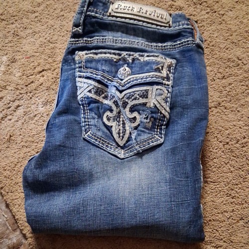 $180 Buckle Rock Revival Jeans "Ash Rose" Leather Inserts Straight 31 X 32