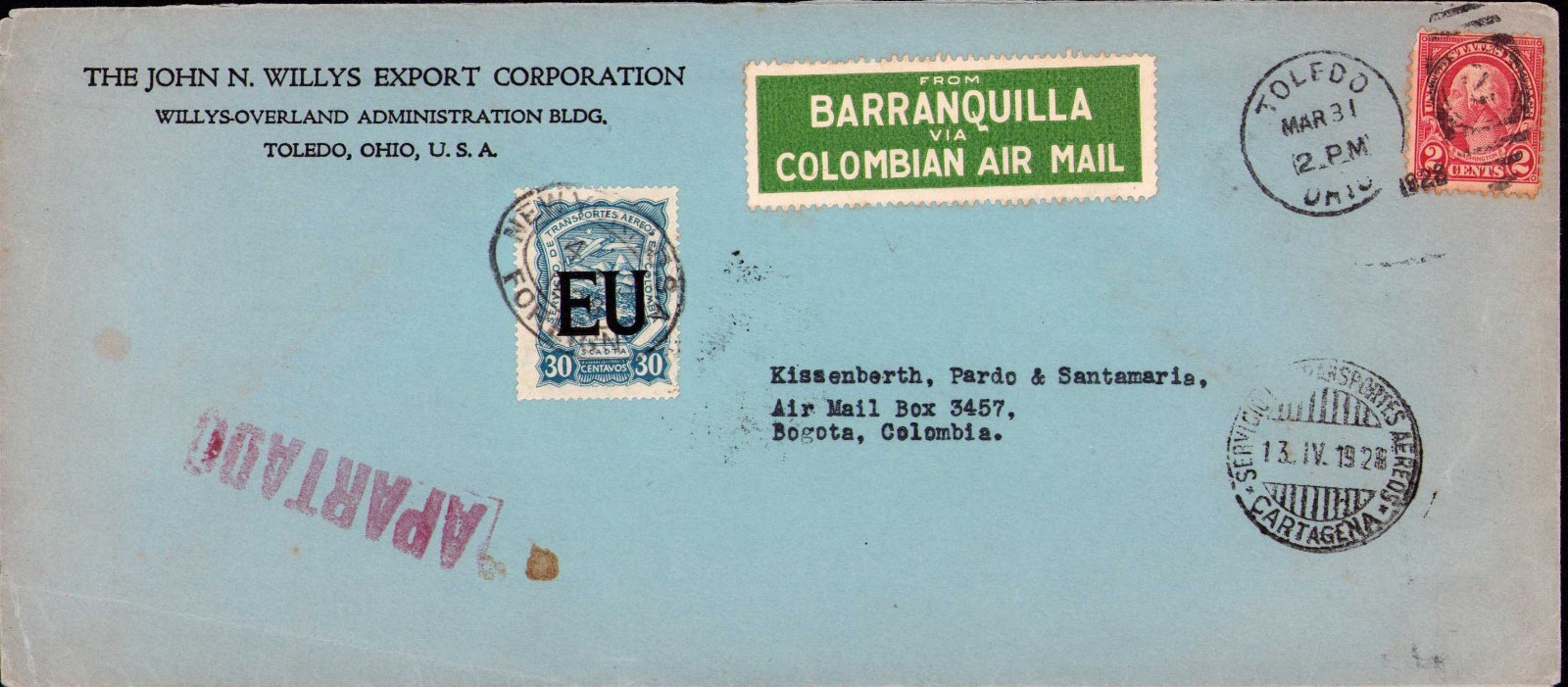 USA - COLOMBIA - 30c SCADTA COVER - TOLEDO to BOGOTA via NEW YORK - 1928 RR