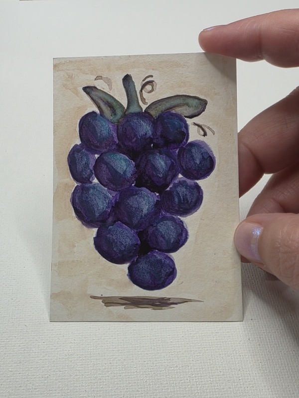 ACEO Art Card Original Hand-painted Watercolor, Purple Grapes, Fruit, Food