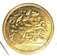 22ct GOLD HALF SOVEREIGN 1915 GEORGE V, 4 GRAMS  FINE GOLD MINT SYDNEY AUSTRALIA 4017.79 per troy oz