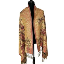 Pashmina Shawl Scarf 100% Cashmere Floral Paisley Gold Shimmer 69" x 28"