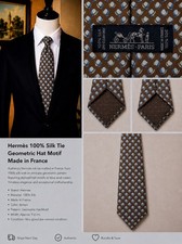 HERM S Men's 100 Silk Brown/Blue/Cream Geometric Tie Made in France