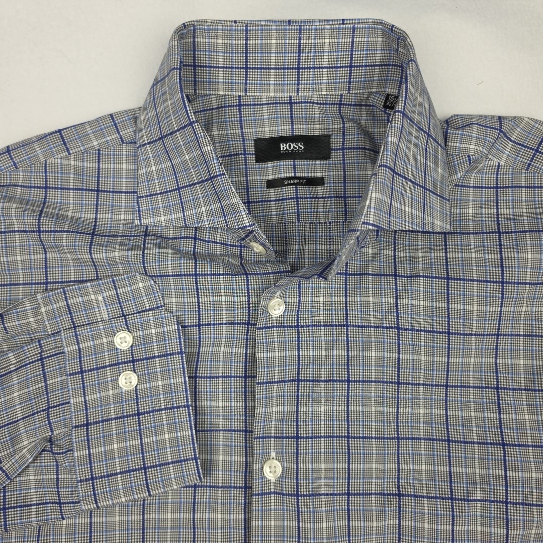 Hugo Boss Sharp Fit Dress Shirt Mens 15.5 32/33 Blue Gray Plaid Business  Preppy | eBay