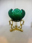 Fenton Emerald Green Glass Lotus Rose Bowl Candle Vase & Brass Stand Fair Lamp ?