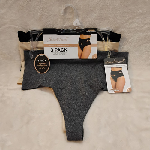 Thong Tummy Control 3pc Underwear Set Women's Large Shapewear Nude Gray Black