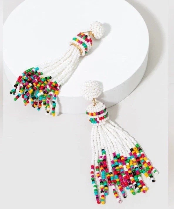 НОВЫЕ разноцветные серьги-подвески с кисточками. Стеклянные бусины.  - Изображение 2 из 2