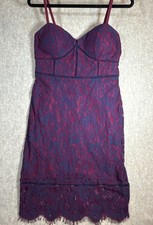 GUESS Sz 10 Burgundy Blue Floral Lace Midi  Dress Cocktail Holiday Party 