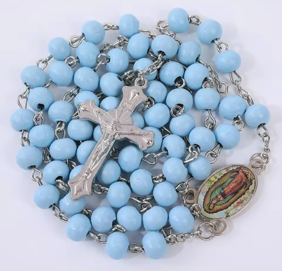 Light Blue Rosary Beads Lightweight for Catholics Prayer - New - Type B