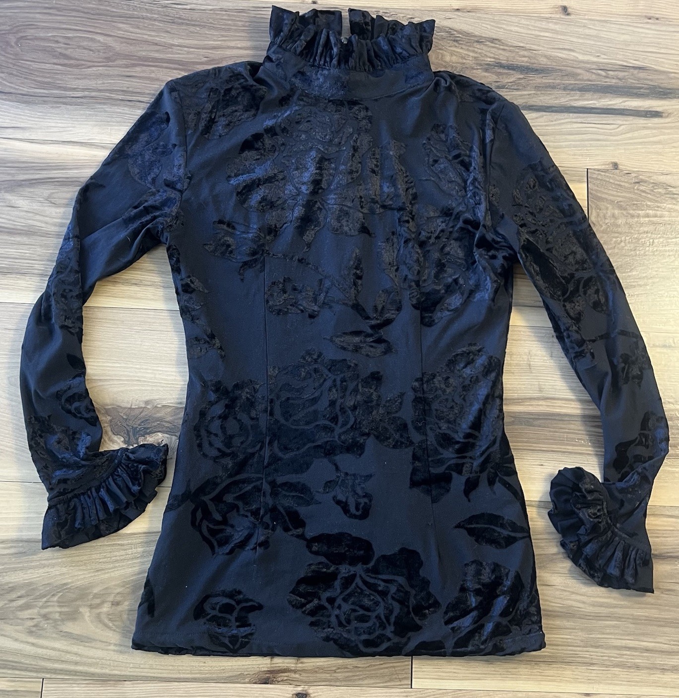 Vintage Black Burnout Velvet High-Neck Ruffle Top Long Sleeve Floral Blouse Sz S